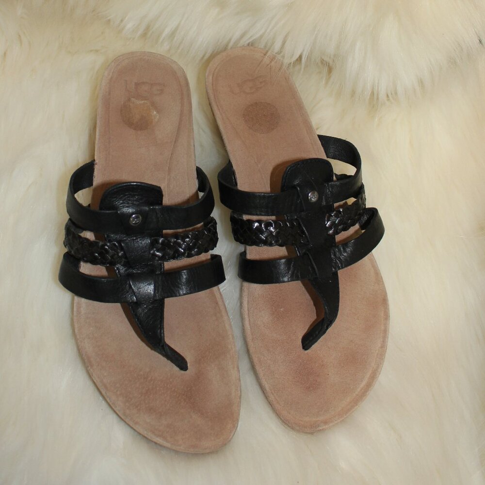 Ugg Australia   Maggie Black Strappy Leather Cork Wedge Sandals size 8